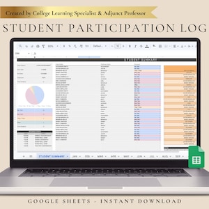 May include: A laptop displaying a Google Sheets document titled "STUDENT PARTICIPATION LOG." The spreadsheet includes student names, participation details, and a pie chart. The text "GOOGLE SHEETS - INSTANT DOWNLOAD" is at the bottom.