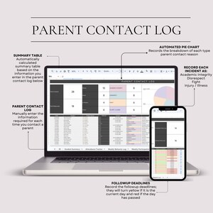 May include: A laptop and smartphone displaying a "Parent Contact Log" spreadsheet. The laptop shows a summary table and detailed contact entries. The smartphone mirrors the data, with a pie chart and follow-up deadlines.