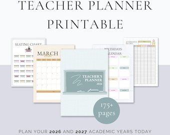 Digital Printable Teacher Planner 2026-2027 Lesson Planner PDF Attendance Sheet Teacher Gradebook Academic Calendar Substitute Teacher Notes
