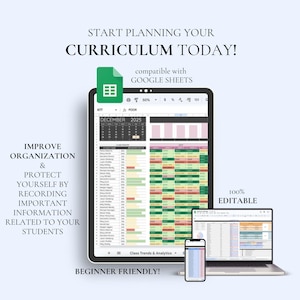 Puede incluir: Un planificador de curr&iacute;culo digital que se muestra en una tableta, un port&aacute;til y un tel&eacute;fono inteligente. El planificador es compatible con Google Sheets y es 100% editable. El texto incluye "Start Planning Your Curriculum Today!" y "Beginner Friendly!"