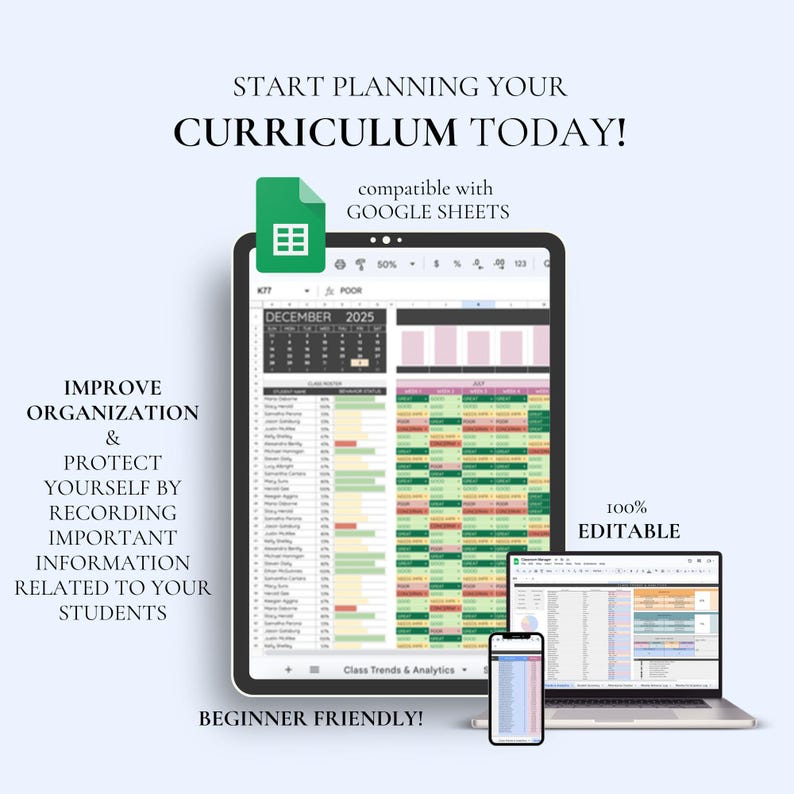 Puede incluir: Un planificador de curr&iacute;culo digital que se muestra en una tableta, un port&aacute;til y un tel&eacute;fono inteligente. El planificador es compatible con Google Sheets y es 100% editable. El texto incluye "Start Planning Your Curriculum Today!" y "Beginner Friendly!"