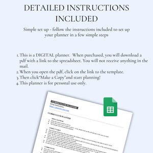 Puede incluir: Un planificador de curr&iacute;culo digital con instrucciones detalladas. La imagen incluye un documento con instrucciones de configuraci&oacute;n y un icono verde. El texto en el documento incluye "Curriculum Planner" y "Mini Calendar".
