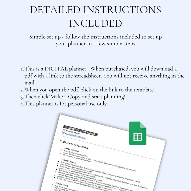 Puede incluir: Un planificador de curr&iacute;culo digital con instrucciones detalladas. La imagen incluye un documento con instrucciones de configuraci&oacute;n y un icono verde. El texto en el documento incluye "Curriculum Planner" y "Mini Calendar".