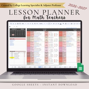 Può includere: Uno schermo di computer portatile che mostra un pianificatore di lezioni digitale per insegnanti di matematica per l'anno 2026-2027. L'interfaccia include un calendario di marzo 2026, scadenze e programmi giornalieri con righe colorate.