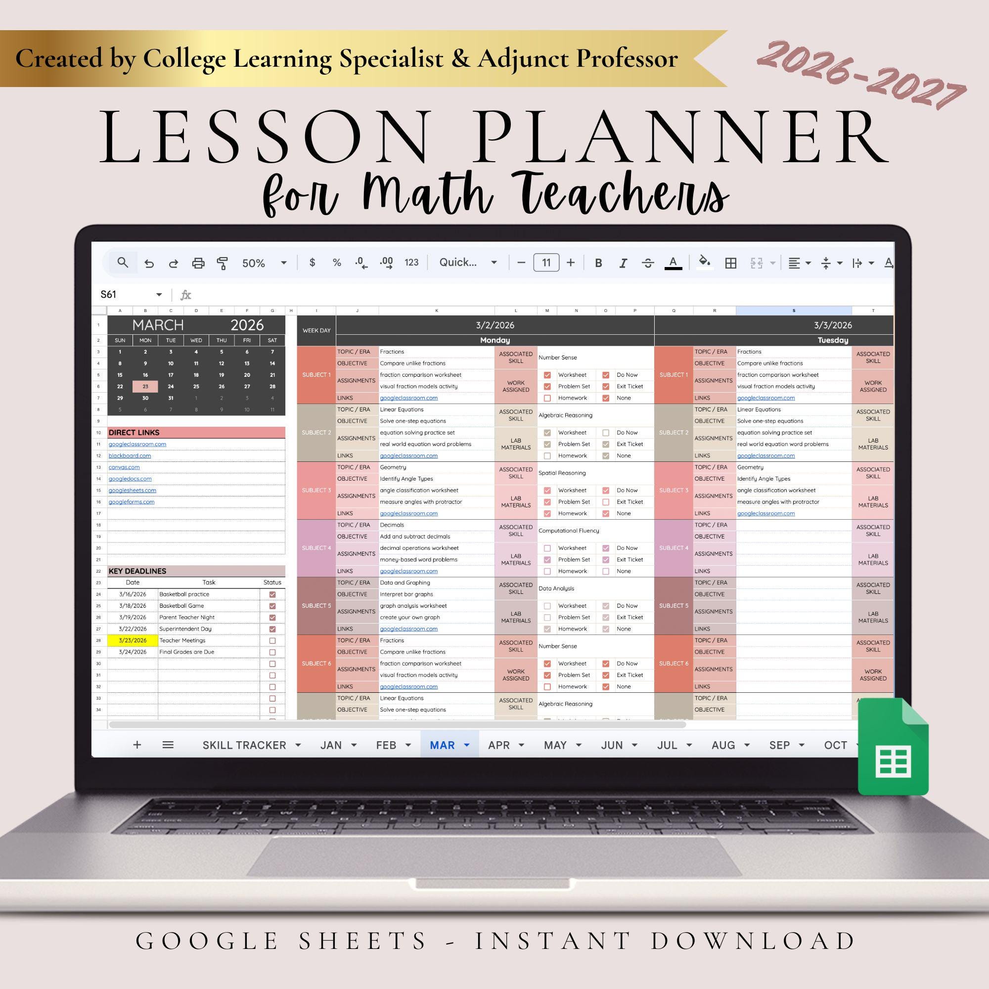Math Teacher Lesson Planner 2026 Academic Calendar Digital Lesson Plan Spreadsheet Math Homeschool Planner Skill Tracker Spreadsheet