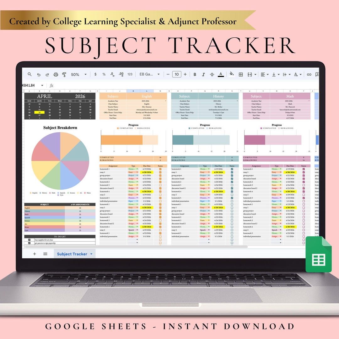 Student Assignment Tracker Google Sheets Template Subject Progress ...