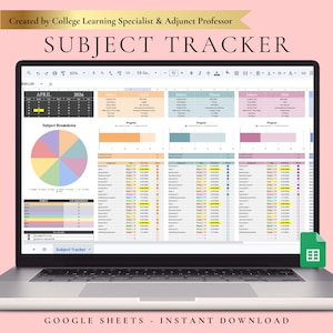 May include: A laptop displays a "Subject Tracker" spreadsheet in Google Sheets. The screen shows a calendar, subject breakdown pie chart, and progress bars. Text includes "April 2026" and "Google Sheets - Instant Download."