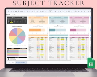 Plantilla de Google Sheets para el seguimiento de tareas estudiantiles, seguimiento del progreso de las asignaturas y planificador de tareas para estudiantes de secundaria, preparatoria y universidad.
