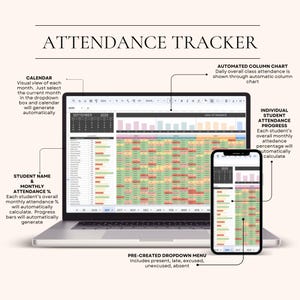 May include: A laptop and smartphone displaying an attendance tracker spreadsheet. The spreadsheet shows student names, monthly attendance percentages, and a calendar. The text "ATTENDANCE TRACKER" is at the top. The smartphone shows a smaller version of the same data.