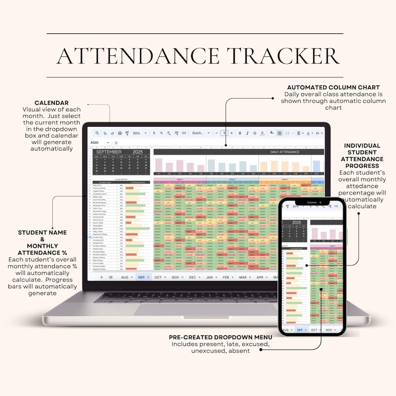 May include: A laptop and smartphone displaying an attendance tracker spreadsheet. The spreadsheet shows student names, monthly attendance percentages, and a calendar. The text "ATTENDANCE TRACKER" is at the top. The smartphone shows a smaller version of the same data.