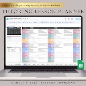 May include: A laptop screen displaying a digital Tutoring Lesson Planner in Google Sheets. The interface features a calendar for January 2026, a section for direct links, key deadlines, and a color-coded weekly schedule for tutoring sessions.
