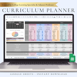 Peut inclure: Un ordinateur portable affichant une feuille de calcul de planificateur de programme dans Google Sheets. La feuille de calcul est organisée avec des sections pour les matières, les dates et les types d'instruction. Le texte en haut indique "Created by College Learning Specialist & Adjunct Professor" et "CURRICULUM PLANNER". Le bas indique "GOOGLE SHEETS - INSTANT DOWNLOAD".