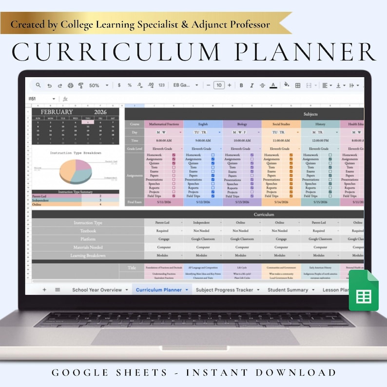 Puede incluir: Un port&aacute;til que muestra una hoja de c&aacute;lculo de planificador de curr&iacute;culo en Google Sheets. La hoja de c&aacute;lculo est&aacute; organizada con secciones para asignaturas, fechas y tipos de instrucci&oacute;n. El texto en la parte superior dice "Created by College Learning Specialist & Adjunct Professor" y "CURRICULUM PLANNER". La parte inferior dice "GOOGLE SHEETS - INSTANT DOWNLOAD".