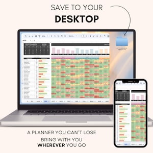 May include: A laptop and smartphone displaying a planner with the text "SAVE TO YOUR DESKTOP" and "A PLANNER YOU CAN'T LOSE BRING WITH YOU WHEREVER YOU GO". The laptop screen shows a detailed attendance tracker.