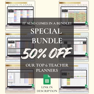May include: Six digital teacher planner templates displayed on laptop screens, including a lesson planner, attendance tracker, curriculum planner, classroom incident tracker, student participation log, and teacher gradebook for Google Sheets.