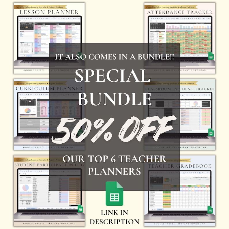 May include: Six digital teacher planner templates displayed on laptop screens, including a lesson planner, attendance tracker, curriculum planner, classroom incident tracker, student participation log, and teacher gradebook for Google Sheets.
