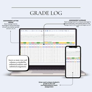 Pu&ograve; includere: Un laptop e uno smartphone mostrano un foglio di calcolo dei voti. Lo schermo del laptop mostra una tabella dettagliata con righe e colonne per i voti degli studenti. Lo smartphone rispecchia il foglio di calcolo.