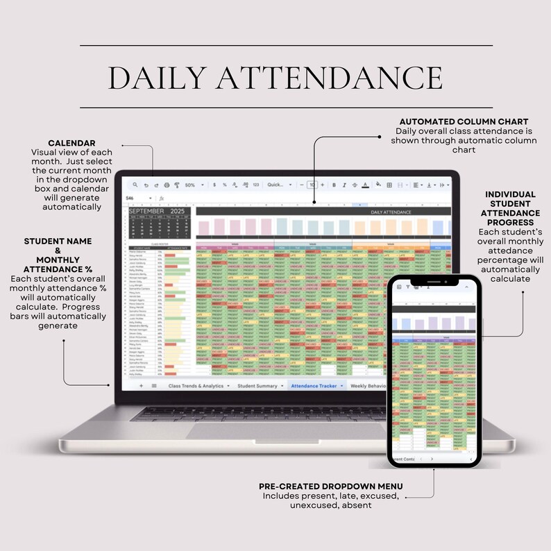 May include: A laptop and smartphone displaying a digital attendance tracker. The laptop screen shows a spreadsheet with student names and attendance data, with the text "DAILY ATTENDANCE" at the top. The smartphone mirrors the spreadsheet. Text labels describe features.