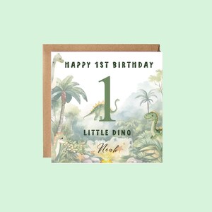 Tarjeta de feliz primer cumpleaños de dinosaurio, tarjeta de primer dinosaurio para niños, sobrinos, nietos, cumpleaños de dinosaurio, digital editable, lindo dinosaurio verde, jungla T-rex