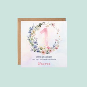 Carte de premier anniversaire pour petite-fille, carte de 1er anniversaire fille, carte de 1er anniversaire personnalisée, carte d'anniversaire florale, 1er anniversaire de petite-fille