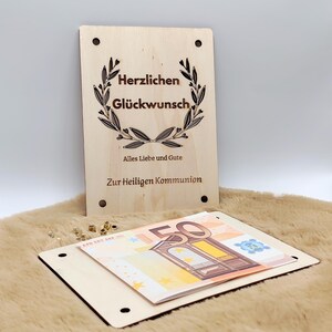 Holz-Geldgeschenkkarte zur Kommunion, stilvolles Geschenk mit Taube und Herzen, nachhaltige Karte mit Segenswunsch für Jungen und Mädchen