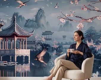 Papel pintado azul de estilo chinoiserie / Mural paisajístico de pagoda de jardín asiático (autoadhesivo)