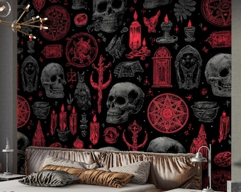 Papel de Parede Gótico Escuro, Mural de Parede Oculto com Caveira e Corvo, Decoração Mística Autoadesiva