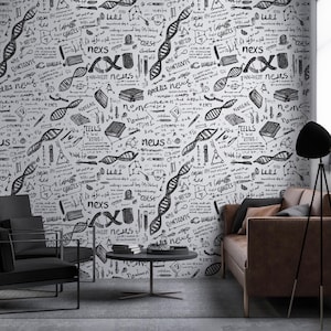 Peel and Stick Science Doodle Wallpaper – Zwart-wit fotobehang scheikunde, biologie