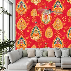Boho Indianer Tapete schälen und aufkleben | Lebendiges Rot ethnisches Wandbild | Abnehmbares Paisley Muster Dekor für Wohnzimmer & Schlafzimmer