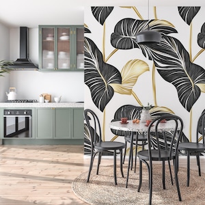 Carta da parati tropicale con foglie nere e dorate, murale botanico moderno, carta da parati rimovibile di lusso per l'arredamento del soggiorno e della camera da letto