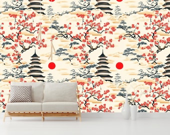 Fototapeta z japońską pagodą, samoprzylepna, tapeta z czerwonym kwitnącym drzewem w stylu azjatyckim