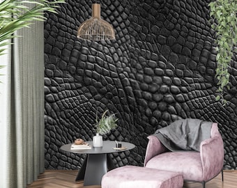 Black Snake Skin Texture Canvas Wallpaper, 3D Faux Leather Wall Mural