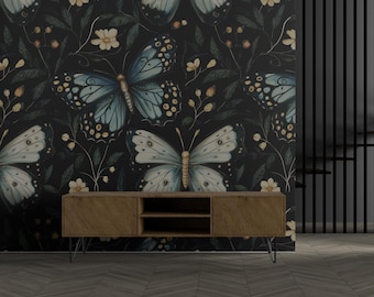 Elegant Butterfly and Floral Wallpaper - Black Background Wall Mural for Bedroom or Living Room