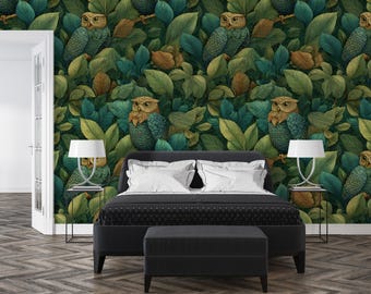 Peel and Stick Owl Forest Wallpaper Green Jungle Wall Mural Decor, Waterproof Wallpaper