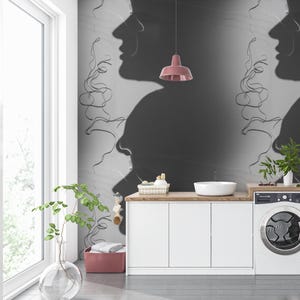 Abstract Face Silhouette Wallpaper – Modern Black White Line Art Wall Mural for Living Room, Bedroom & Office Home Decor