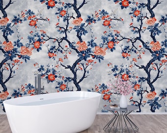 Blue Chinoiserie Wallpaper | Oriental Blossom Wall Mural | Vintage Floral Asian Decor Art