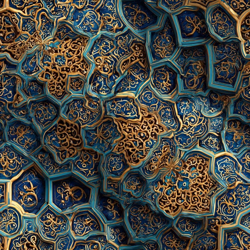 Islamic Geometric Pattern Wallpaper Blue & Gold Arabesque Wall Mural