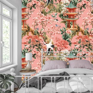 Chinoiserie Pink Wallpaper – Vintage Asian Pagoda & Crane Design, Floral Botanical Wall Mural, Luxury Oriental Home Decor