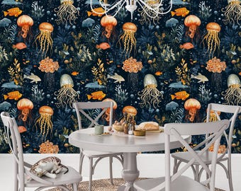 Navy Gold Jellyfish Wallpaper | Underwater Marine Peel and Stick Mural (Removable)