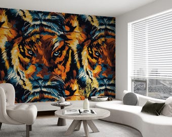 Abstract Tiger Wallpaper, Jungle Animal Wall Mural, Canvas Peel and Stick Decor