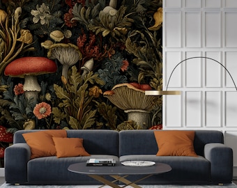 Dark Botanical Mushroom Wallpaper – Vintage Forest Wall Mural, removable wallpaper