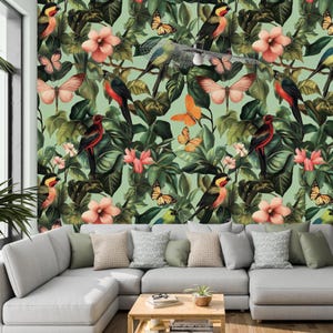 Tropisches Paradies Wandbild - Bunte Vögel, Schmetterlinge & üppige Blätter Tapete für Wohnzimmer - Schlafzimmer Dekor