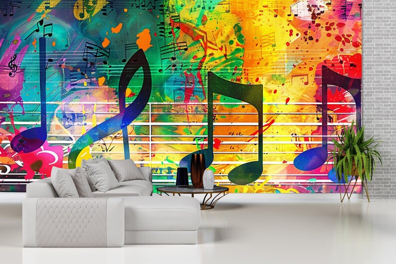 Musical Note Mural Music Notes Wallpaper, Colorful Abstract Wall Mural, Peel and Stick ...