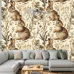 Vintage Bunny Wallpaper: Botanical Rabbit Wall Mural, Kids Room Decor