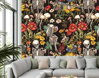 Papel de Parede Floral com Esqueletos: Mural Botânico Gótico, Papel de Parede Impermeável, Autoadesivo