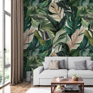 Tropical Green Leaves Wallpaper - Large Botanical Mural, Jungle Leaf Wall Decor, Removable Peel & Stick, Nature Aesthetic