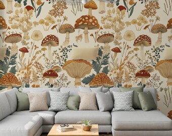 Vintage Mushroom Wallpaper: Botanical Fungi Peel and Stick Wall Mural