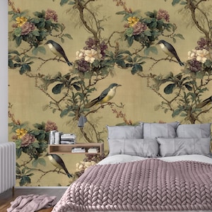 Vintage Bird Floral Wallpaper Mural: Elegant Botanical Wall Art