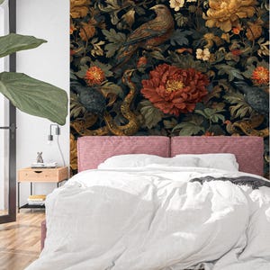 Vintage Jungle Bird Wallpaper – Exotic Floral Snake Wall Mural for Dramatic Bedroom & Boho Living Room Accent Decor