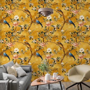 Carta da parati con uccelli floreali dorati - Decorazione murale vintage in stile chinoiserie per soggiorno, camera da letto o pareti decorative